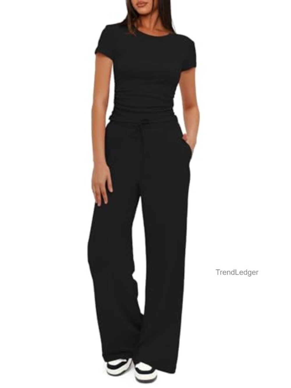 Women's 2 Piece Lounge Set Short Sleeve Ruched Top Wide Leg Pants